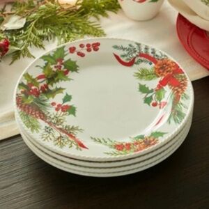 Princess House Holiday Pine & Holly Dinner Plates - White, Red, Green